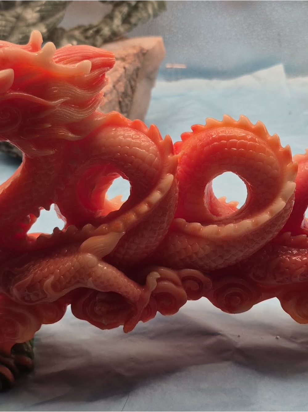 Vintage Chinese Dragon Statue - Orange Red Sculpture Lucite Feng Shui Decor - Picture 9 of 17